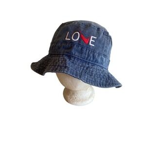 Blue Chambray Denim Nantucket Love Bucket Hat Cap S/M